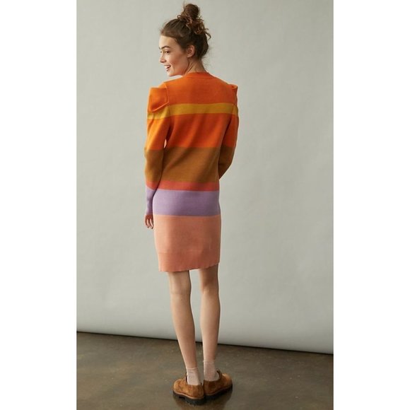 Anthropologie Farm Rio Knit Sweater Tunic Color Block Puff Sleeve Dress Medium - Picture 3 of 5
